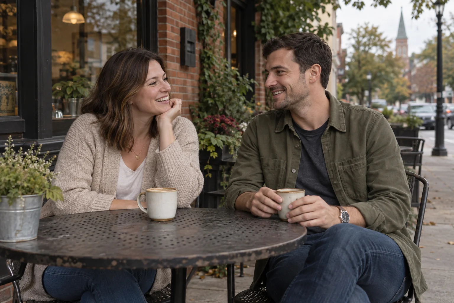 Two adults laughing over coffee on an outdoor date