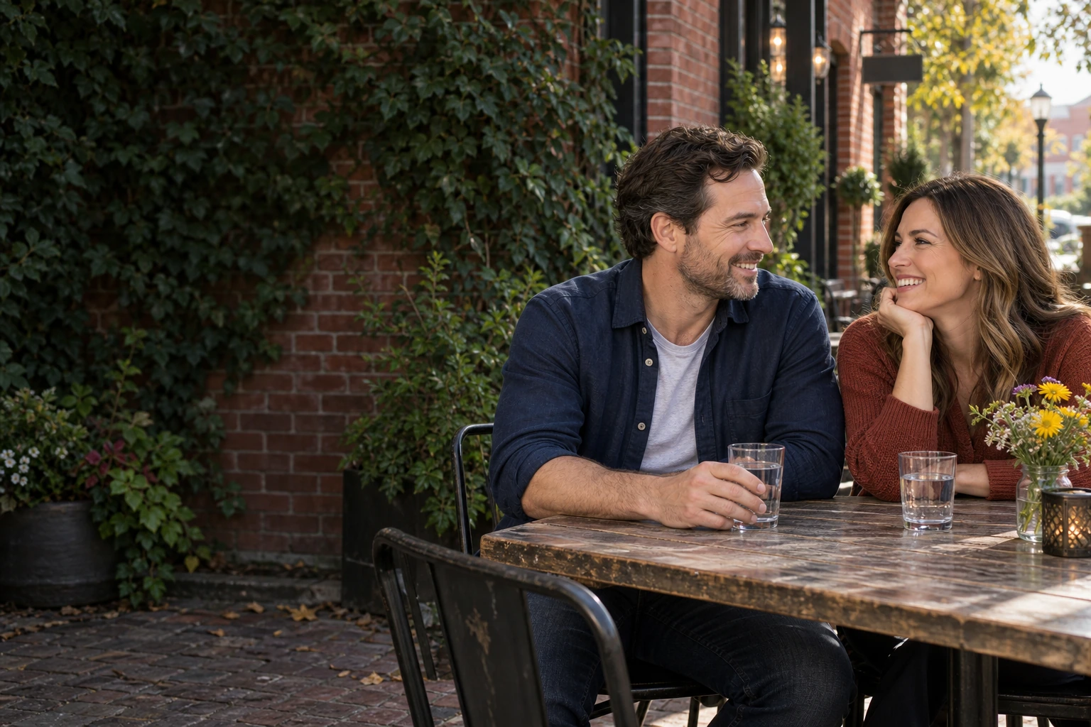 A couple enjoying a lively conversation at a neighborhood café